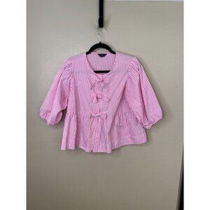 Velvet Heart Women’s Pink & White Striped Bow-Front Top Medium 100% Cotton
